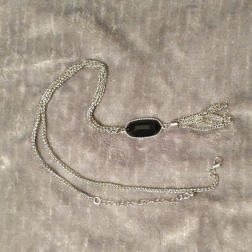 EUC Necklace, silver color chain with black stone drop pendant